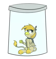 Size: 709x750 | Tagged: safe, artist:nevaylin, derpibooru import, oc, oc:pad, gryphon, collar, commission, griffon oc, jar, lewd container meme, pony in a bottle, stuck, this will not end well, ych result