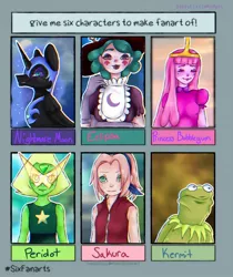 Size: 1000x1192 | Tagged: safe, artist:snugglyboi, derpibooru import, nightmare moon, alicorn, human, pony, six fanarts, adventure time, bust, clothes, crossover, eclipsa butterfly, female, haruno sakura, hat, helmet, kermit the frog, mare, naruto, peridot (steven universe), peytral, princess bubblegum, star vs the forces of evil, steven universe, the muppets