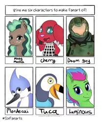 Size: 3104x3705 | Tagged: safe, artist:suchalmy, derpibooru import, minty mocha, anthro, bird, earth pony, pony, toucan, six fanarts, animal crossing, anthro with ponies, bust, clothes, crossover, doomguy, female, freckles, male, mare, mordecai, regular show, smiling, solo, tuca, tuca and bertie