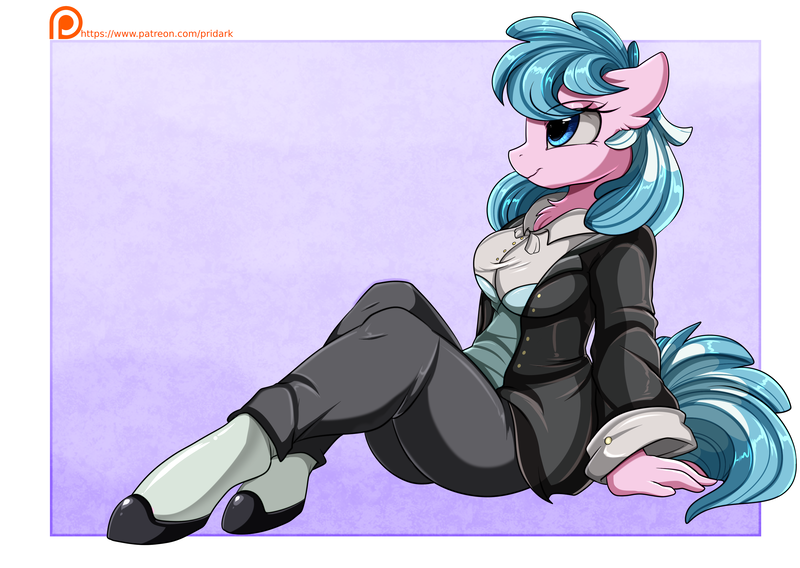 Size: 3524x2500 | Tagged: safe, artist:pridark, derpibooru import, oc, oc:artabana, unofficial characters only, anthro, earth pony, pony, unguligrade anthro, anthro oc, clothes, commission, female, high res, mare, pants, patreon, sitting, smiling, solo, suit
