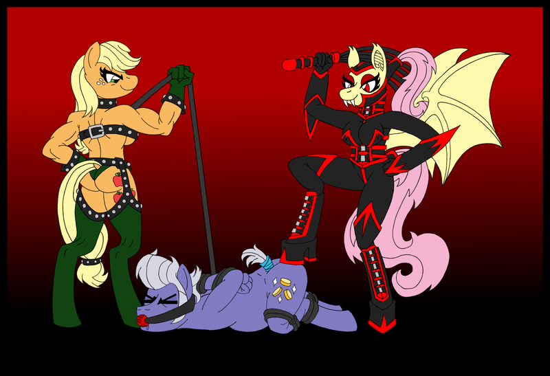 Size: 4000x2737 | Tagged: questionable, artist:supra80, derpibooru import, applejack, fluttershy, gladmane, anthro, bat pony, earth pony, pegasus, unguligrade anthro, applebutt, appledom, applejacked, assless chaps, ballgag, bat ponified, bat wings, black and red, bondage, breasts, busty applejack, busty fluttershy, butt, cat o' ninetails, catsuit, chaps, clothed female nude male, clothes, collar, corset, dock, dominatrix, drool, eyes closed, fangs, female, femdom, flutterbat, flutterdom, gag, gloves, hood, lasso, latex, latex suit, male, malesub, muscles, photoshop, ponytail, posture collar, punish the villain, race swap, rope, rope bondage, rubbershy, sideboob, submissive, tail wrap, whip, wings