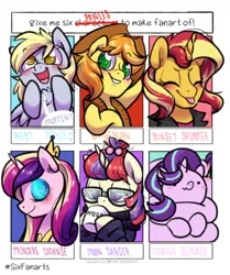Size: 858x1024 | Tagged: safe, artist:paperbagpony, derpibooru import, braeburn, derpy hooves, moondancer, princess cadance, starlight glimmer, sunset shimmer, alicorn, earth pony, pegasus, pony, unicorn, six fanarts, best pony, blushing, braebetes, clothes, colored pupils, cowboy hat, cup, cute, cutedance, dancerbetes, derpabetes, drinking, equestria girls outfit, eyes closed, eyes half closed, female, glasses, glimmerbetes, hat, horn, jewelry, long glimmer, long pony, male, mare, regalia, shimmerbetes, six ponies, smiling, stallion, stetson, sweater, tongue out, wings