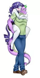 Size: 500x953 | Tagged: safe, artist:pia-sama, derpibooru import, rarity, spike, anthro, plantigrade anthro, adult, adult spike, alternate hairstyle, blushing, carrying, drool, duo, eyeshadow, female, gigachad spike, high heels, makeup, male, mare, older, older spike, ponytail, shipping, shoes, sleeping, sparity, straight