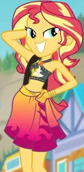 Size: 465x947 | Tagged: safe, derpibooru import, screencap, sunset shimmer, equestria girls, equestria girls series, forgotten friendship, adorasexy, belly button, bikini, bikini top, blurred background, building, clothes, cropped, cute, female, forest background, geode of empathy, hand on hip, jewelry, legs, lidded eyes, magical geodes, midriff, necklace, outdoors, pose, sarong, sexy, shimmerbetes, shoulder bag, sky, sleeveless, smiling, solo, sun, swimsuit, wristband