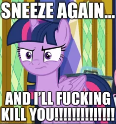 Size: 840x895 | Tagged: safe, derpibooru import, edit, edited screencap, screencap, fluttershy, twilight sparkle, twilight sparkle (alicorn), alicorn, the last problem, angry, caption, coronavirus, covid-19, cropped, death threat, disgusted, disproportionate retribution, excessive exclamation marks, image macro, implied sneeze, meme, solo focus, text, threat, vulgar
