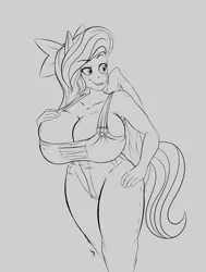 Size: 1293x1713 | Tagged: anthro, artist:freehdmcgee, big breasts, bow, braless, breasts, busty flitter, clothes, curvy, derpibooru import, female, flitter, huge breasts, naked overalls, no underwear, overalls, pegasus, raised eyebrow, sketch, smiling, solo, suggestive, tight clothing, wings
