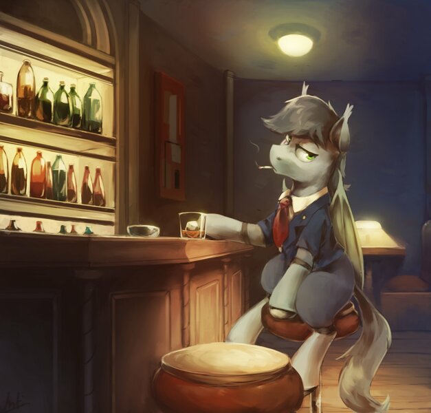 Size: 1692x1620 | Tagged: safe, artist:anticular, derpibooru import, oc, unofficial characters only, bat pony, pony, alcohol, bar, bar stool, cigarette, clothes, commission, looking at you, male, necktie, smoking, solo, stallion, suit
