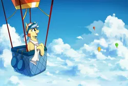 Size: 3000x2025 | Tagged: safe, artist:anticular, derpibooru import, oc, oc:easy breezy, unofficial characters only, pegasus, pony, aviator goggles, aviator hat, clothes, cloud, con mascot, female, freckles, goggles, hat, hot air balloon, mare, midair pony fair, scarf, solo