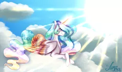 Size: 2821x1686 | Tagged: safe, artist:djspark3, derpibooru import, princess celestia, alicorn, pony, cloud, colored wings, crepuscular rays, female, glowing horn, high res, horn, mare, multicolored wings, on a cloud, prone, solo, sun, wings