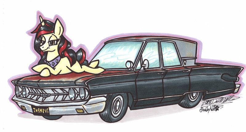 Size: 1024x552 | Tagged: safe, artist:sketchywolf-13, derpibooru import, oc, oc:peaceful treasure, unofficial characters only, pony, unicorn, car, collar, commission, female, horn, jewelry, looking at you, mare, mercury (car), mercury comet, pose, simple background, solo, traditional art, white background