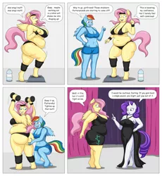 Size: 2300x2500 | Tagged: suggestive, artist:lordstormcaller, derpibooru import, fluttershy, rainbow dash, rarity, anthro, bat pony, pegasus, unguligrade anthro, unicorn, comic:my little black dress, ass, bbw, belly, big belly, big breasts, bikini, bra, breasts, busty fluttershy, busty rainbow dash, busty rarity, butt, butt grab, butt touch, carousel boutique, chubby, chubbyshy, clothes, comic, dialogue, diet, dress, exercise, fanart, fat, fattershy, fitness, flutterbat, grope, gym, headband, leg warmers, obese, overweight, panties, race swap, shorts, side slit, speech bubble, sports bra, sports shorts, stair stepper, sweat, swimsuit, thighs, thunder thighs, tight clothing, underwear, water, water bottle, weight, weight lifting, weight loss, wide hips, workout