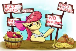 Size: 3000x2000 | Tagged: safe, artist:rocket-lawnchair, derpibooru import, apple bloom, earth pony, pony, apple, apron, bag of money, blatant lies, bow, buy some apples, clothes, female, food, hair bow, smiling, smug, solo