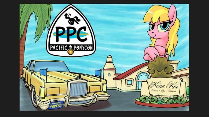 Size: 960x540 | Tagged: safe, artist:sketchywolf-13, derpibooru import, oc, unofficial characters only, earth pony, pony, andrea libman, badge, building, car, female, lincoln (car), lincoln continental, mare, pacific ponycon, palm tree, sky, solo, traditional art, tree