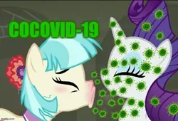 Size: 736x500 | Tagged: safe, derpibooru import, edit, edited screencap, screencap, coco pommel, rarity, earth pony, unicorn, the saddle row review, caption, coronavirus, covid-19, covidiots, disgusting, gross, image macro, meme, pun, sick, sneezing, text, too soon