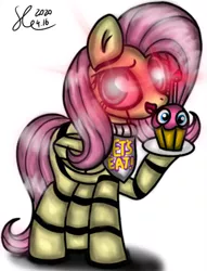 Size: 720x944 | Tagged: safe, artist:starflashing twinkle, derpibooru import, fluttershy, pegasus, pony, robot, robot pony, animatronic, bib, chica, crossover, cupcake, evil, five nights at freddy's, flutterchica, food, glowing eyes, hooves, open mouth, roboticization, solo, tail, wings