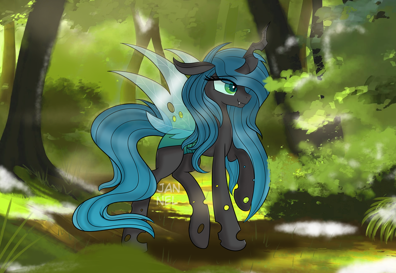 Size: 5787x3996 | Tagged: absurd resolution, artist:janelearts, changeling, changeling queen, cute, cutealis, cute little fangs, derpibooru import, eye clipping through hair, fangs, female, forest, outdoors, queen chrysalis, safe, sharp teeth, smiling, smirk, solo, teeth, tree