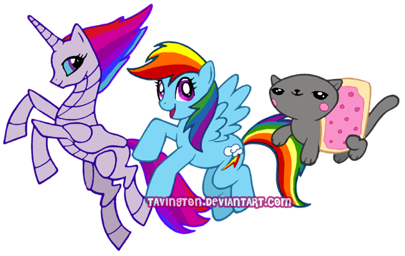 Size: 886x560 | Tagged: safe, artist:tavington, derpibooru import, rainbow dash, cat, pegasus, pony, robot, crossover, nyan cat, robot unicorn attack, simple background, transparent background