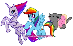 Size: 886x560 | Tagged: safe, artist:tavington, derpibooru import, rainbow dash, cat, pegasus, pony, robot, crossover, nyan cat, robot unicorn attack, simple background, transparent background