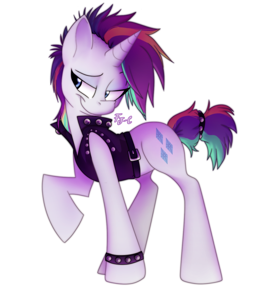 Size: 1262x1374 | Tagged: safe, artist:fj-c, derpibooru import, rarity, pony, unicorn, it isn't the mane thing about you, alternate hairstyle, clothes, female, mare, punk, raised hoof, raripunk, simple background, smiling, solo, transparent background