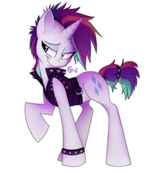 Size: 1262x1374 | Tagged: safe, artist:fj-c, derpibooru import, rarity, pony, unicorn, it isn't the mane thing about you, alternate hairstyle, clothes, female, mare, punk, raised hoof, raripunk, simple background, smiling, solo, transparent background