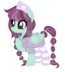 Size: 1280x1404 | Tagged: safe, artist:magicdarkart, derpibooru import, oc, unofficial characters only, pegasus, pony, clothes, deviantart watermark, female, mare, nurse outfit, obtrusive watermark, simple background, socks, solo, striped socks, thigh highs, transparent background, watermark