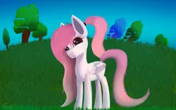 Size: 8000x5000 | Tagged: safe, alternate version, artist:graphictoxin, derpibooru import, oc, oc:jellybean, unofficial characters only, pegasus, pony, absurd resolution, blank flank, closed wing, cute, error, female, freckles, glitch, glowing eyes, gradient mane, gradient tail, grass, looking at you, mare, ponytail, sky, smiling, solo, trade, tree