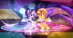 Size: 4096x2160 | Tagged: safe, artist:laszlvfx, artist:orin331, derpibooru import, edit, starlight glimmer, sunset shimmer, alicorn, pony, alicornified, clothes, dress, duo, female, mare, race swap, shimmercorn, starlicorn, wallpaper, wallpaper edit, xk-class end-of-the-world scenario