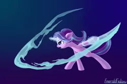 Size: 2400x1600 | Tagged: safe, artist:emeraldgalaxy, derpibooru import, starlight glimmer, pony, unicorn, cute, digital art, female, glowing horn, gradient background, horn, magic, magic sword, mare, solo, sword, weapon