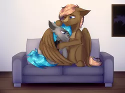 Size: 3000x2229 | Tagged: safe, artist:kremciakay, derpibooru import, oc, oc:sorajona, oc:sorajona darkwing, oc:stormfire, oc:stormfire darkwing, pegasus, pony, adorable face, brown fur, couch, couple, crying, cuddling, cuddling in bed, cute, digital art, grey fur, hug, living room, love, oc x oc, pure, relationship, shading, shipping, sitting, teary eyes, wings