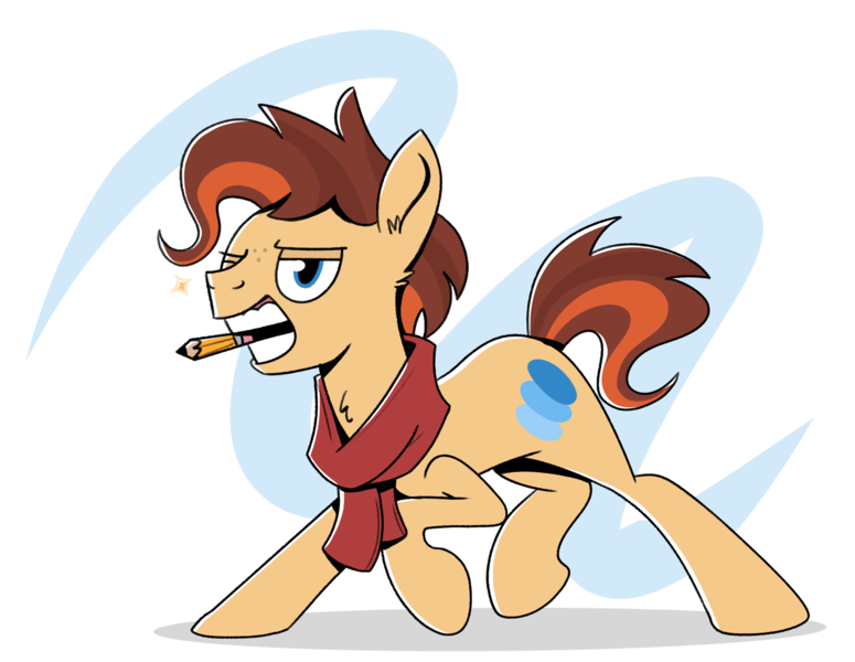 Size: 2174x1683 | Tagged: safe, artist:piemations, derpibooru import, oc, oc:pen, unofficial characters only, earth pony, pony, abstract background, action pose, alternate cutie mark, clothes, freckles, mouth hold, pencil, race swap, scarf, simple background, transparent background