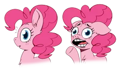 Size: 2967x1770 | Tagged: safe, artist:piemations, derpibooru import, pinkie pie, earth pony, pony, awkward, faic, floppy ears, open mouth, simple background, solo, transparent background, two panels, waving