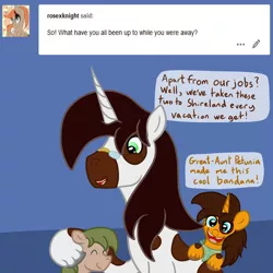 Size: 3000x3000 | Tagged: safe, artist:bigmackintosh, derpibooru import, oc, oc:aíne, oc:fobwatch, oc:hardy mackintosh, unofficial characters only, earth pony, unicorn, answer, bandana, blacksmith, colt, draft horse, female, filly, foal, glasses, male, pinto, tumblr