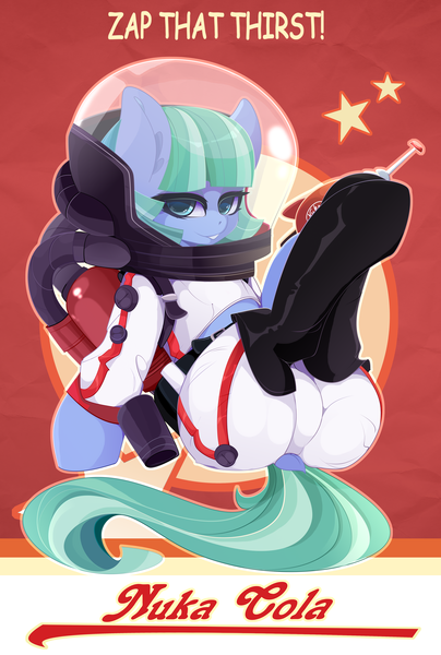 Size: 4400x6534 | Tagged: safe, alternate version, artist:xsatanielx, derpibooru import, oc, oc:silky strings, pony, clothes, commission, fallout, female, mare, nuka cola, rcf community, solo