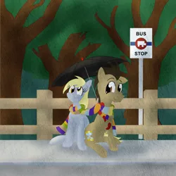 Size: 1600x1600 | Tagged: artist:sixes&sevens, bus stop, clothes, derpibooru import, derpy hooves, ditzy doo, doctorderpy, doctor whooves, female, fence, fourth doctor's scarf, male, outdoors, rain, safe, scarf, seventh doctor's umbrella, shared clothing, shared scarf, shipping, straight, time turner, tree, umbrella