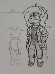 Size: 2101x2801 | Tagged: anthro, artist:drheartdoodles, clothes, clydesdale, derpibooru import, hands in pockets, male, monochrome, oc, oc:dr.heart, safe, size difference, solo, stallion, traditional art, unguligrade anthro, unofficial characters only