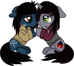 Size: 1433x1276 | Tagged: safe, artist:lightningbolt, derpibooru import, oc, ponified, ponified:kellin quinn, ponified:oliver sykes, unofficial characters only, earth pony, pony, undead, unicorn, zombie, zombie pony, .svg available, bags under eyes, bloodshot eyes, blushing, bone, bring me the horizon, clothes, colored blushing, colored pupils, colored sclera, disguise, disguised siren, drop dead clothing, fangs, floppy ears, gay, holding hooves, hoodie, horn, lip piercing, looking at each other, male, piercing, scar, shipping, simple background, sitting, sleeping with sirens, slit eyes, stallion, stitches, svg, tattoo, tongue out, torn ear, transparent background, vector