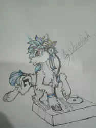 Size: 1080x1440 | Tagged: safe, artist:creature.exist, derpibooru import, vinyl scratch, pony, unicorn, fluffy, solo, traditional art, turntable