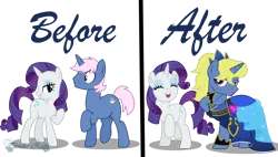 Size: 1280x726 | Tagged: safe, artist:tenderrain46, derpibooru import, rarity, oc, oc:azure/sapphire, pony, unicorn, before and after, clothes, crossdressing, dress, femboy, male, simple background, stallion, transparent background