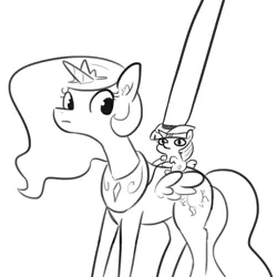 Size: 1080x1080 | Tagged: safe, artist:tjpones, derpibooru import, edit, princess celestia, twilight sparkle, twilight sparkle (alicorn), alicorn, pony, black and white, cowboy hat, doug dimmadome, duo, giddy up, grayscale, hat, impossibly large hat, lineart, meme, monochrome, ponies riding ponies, reins, riding, simple background, smol, ten gallon hat, twiggie, white background