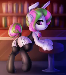 Size: 3000x3424 | Tagged: suggestive, artist:yutakira92, derpibooru import, oc, oc:melody beat, unofficial characters only, earth pony, pony, animal costume, bunny costume, bunny ears, bunny suit, butt, clothes, commission, costume, female, mare, plot, socks, solo, stockings, thigh highs, ych result