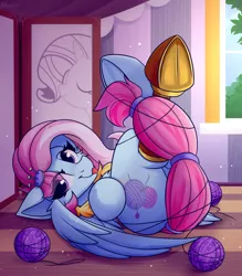 Size: 1313x1500 | Tagged: safe, artist:shadowreindeer, derpibooru import, kerfuffle, rarity, pegasus, pony, unicorn, rainbow roadtrip, :p, amputee, behaving like a cat, butt, crossed legs, cute, female, legs in air, looking at you, mare, mlem, plot, prosthetic leg, prosthetic limb, prosthetics, silly, solo, tangled up, tongue out, yarn, yarn ball