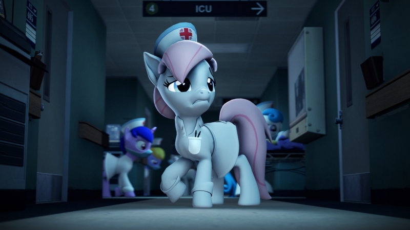 Size: 3840x2160 | Tagged: safe, artist:psfmer, derpibooru import, cloud kicker, linked hearts, nurse redheart, octavia melody, sea swirl, seafoam, earth pony, pegasus, unicorn, 3d, 4k, door, gurney, hat, hospital, nurse, nurse hat, nurse outfit, pen, source filmmaker