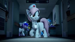 Size: 3840x2160 | Tagged: safe, artist:psfmer, derpibooru import, cloud kicker, linked hearts, nurse redheart, octavia melody, sea swirl, seafoam, earth pony, pegasus, unicorn, 3d, 4k, door, gurney, hat, hospital, nurse, nurse hat, nurse outfit, pen, source filmmaker