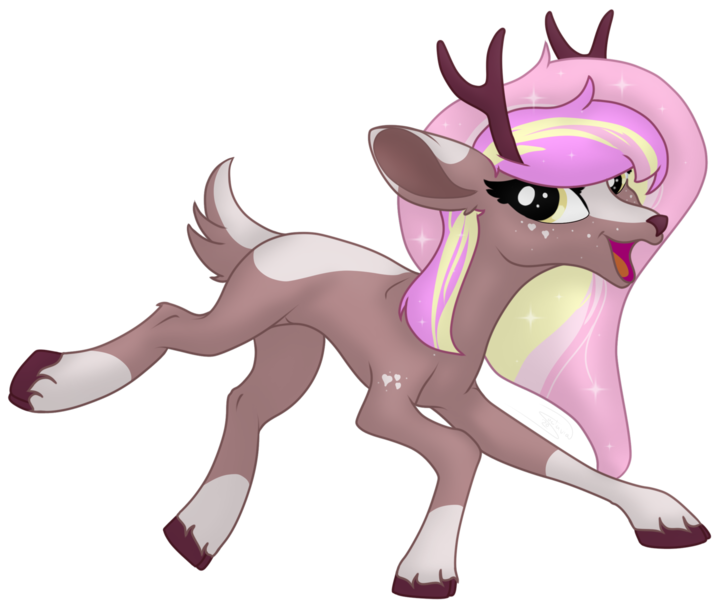 Size: 2299x1915 | Tagged: safe, artist:soctavia, derpibooru import, oc, oc:peaches n cream, unofficial characters only, deer, deer pony, original species, pony, female, happy, open mouth, simple background, solo, transparent background