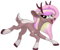 Size: 2299x1915 | Tagged: safe, artist:soctavia, derpibooru import, oc, oc:peaches n cream, unofficial characters only, deer, deer pony, original species, pony, female, happy, open mouth, simple background, solo, transparent background