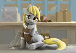 Size: 2544x1780 | Tagged: safe, artist:odooee, derpibooru import, derpy hooves, pegasus, pony, clothes, cute, derpabetes, female, frog (hoof), letter, looking at you, mailmare, mailmare uniform, mare, package, post office, sitting, smiling, solo, underhoof