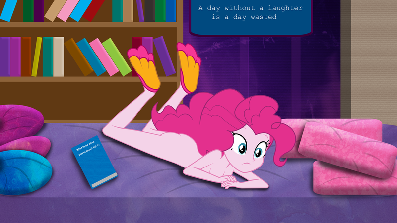 Size: 3840x2160 | Tagged: questionable, artist:laszlvfx, artist:remcmaximus, derpibooru import, edit, edited edit, editor:slayerbvc, pinkie pie, equestria girls, equestria girls series, forgotten friendship, ass, balloonbutt, bed, bookshelf, breasts, butt, casual nudity, cleavage, female, flippers, laying on bed, laying on stomach, legs in air, nude edit, nudity, on bed, room, sexy, solo, solo female, text, wallpaper, wallpaper edit, wallpaper for the fearless