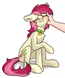 Size: 2500x3000 | Tagged: safe, artist:chibadeer, derpibooru import, roseluck, earth pony, human, pony, blushing, cheek fluff, chest fluff, collar, cute, ear fluff, eyes closed, female, fluffy, hand, high res, mare, neck fluff, offscreen character, offscreen human, pet tag, petting, pony pet, rosepet, simple background, sitting, white background