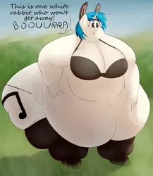 Size: 2336x2694 | Tagged: absolute cleavage, animal costume, anthro, artist:lupin quill, ass, bbw, belly, belly button, belly grab, big belly, big breasts, bingo wings, bra, breasts, bunny costume, bunny ears, burp, busty vinyl scratch, butt, cankles, chubby cheeks, cleavage, clothes, costume, derpibooru import, dialogue, double chin, fat, fat fetish, female, fetish, grin, huge breasts, huge butt, large butt, near immobile, obese, panties, rolls of fat, smiling, socks, solo, solo female, ssbbw, stockings, suggestive, thigh highs, thighs, thunder thighs, tight clothing, underwear, unguligrade anthro, vinyl fat, vinyl scratch
