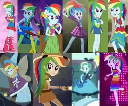 Size: 942x780 | Tagged: safe, derpibooru import, edit, screencap, rainbow dash, fairy, eqg summertime shorts, equestria girls, equestria girls (movie), equestria girls series, friendship games, friendship through the ages, i'm on a yacht, leaping off the page, movie magic, opening night, rainbow rocks, rollercoaster of friendship, shake your tail, spoiler:eqg series (season 2), spoiler:eqg specials, belt, boot, bow, choose your own ending (season 1), clothes, collage, costume, cropped, explorer outfit, fairy bootmother, fairy wings, fake wings, fall formal, fall formal outfits, female, flashlight (object), grass skirt, guitar, hair bow, hologram, imagination, india movie set, lei, magic wand, male, mohawk, musical instrument, neon eg logo, rainbow dash always dresses in style, rocker, sandals, short skirt, skirt, sleeveless, smashing, sock hop, solo, straight, welcome to the show, wings, wristband